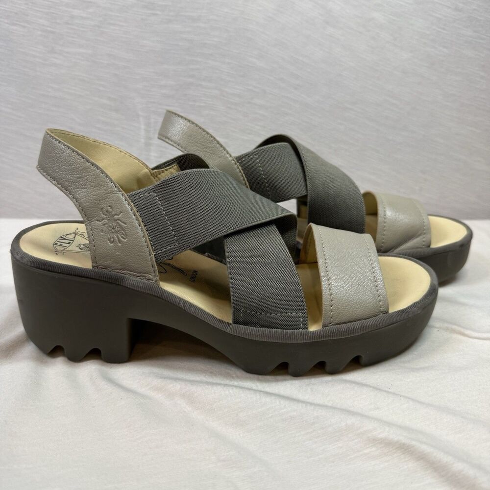 Fly London Taji Silver Grey Platform Comfort Block Heel Sandals Sz US 9 UK 40